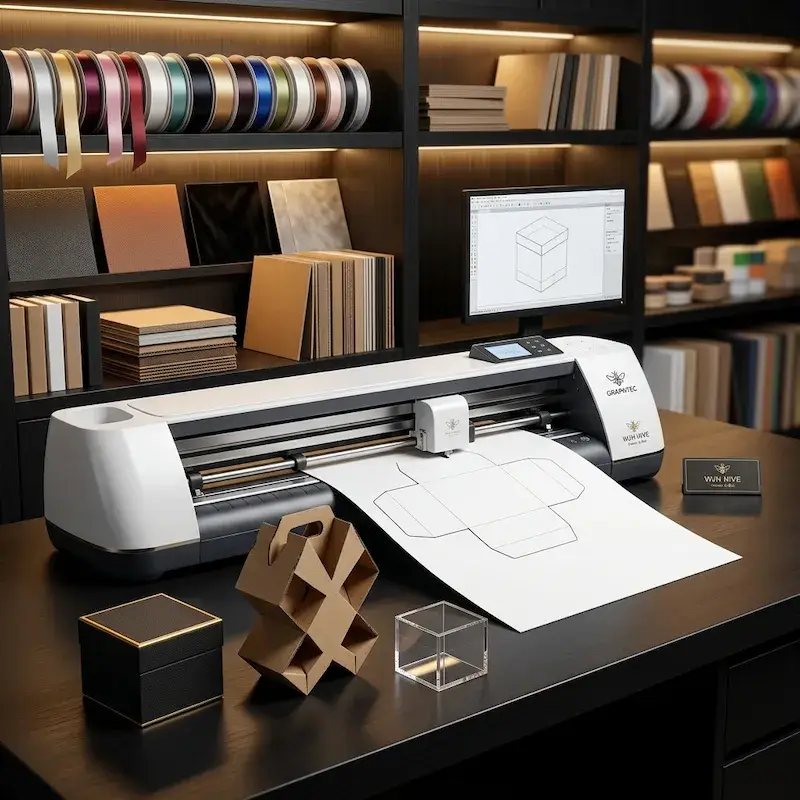 Automatic digital packaging sample cutter for precise box prototyping at WJH HIVE factory.