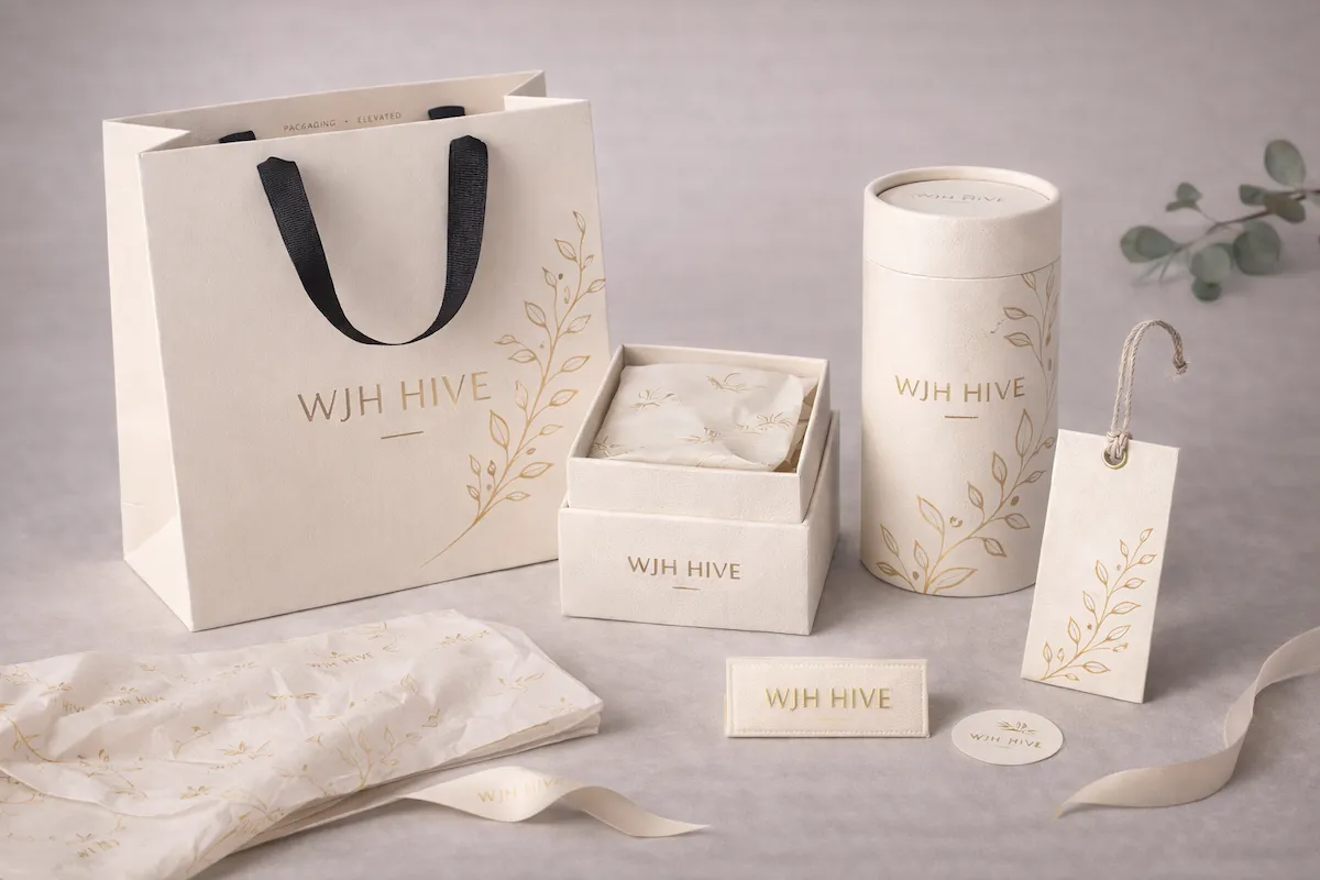 Coordinated retail packaging system featuring shopping bags, boxes, tubes and branded accessories.