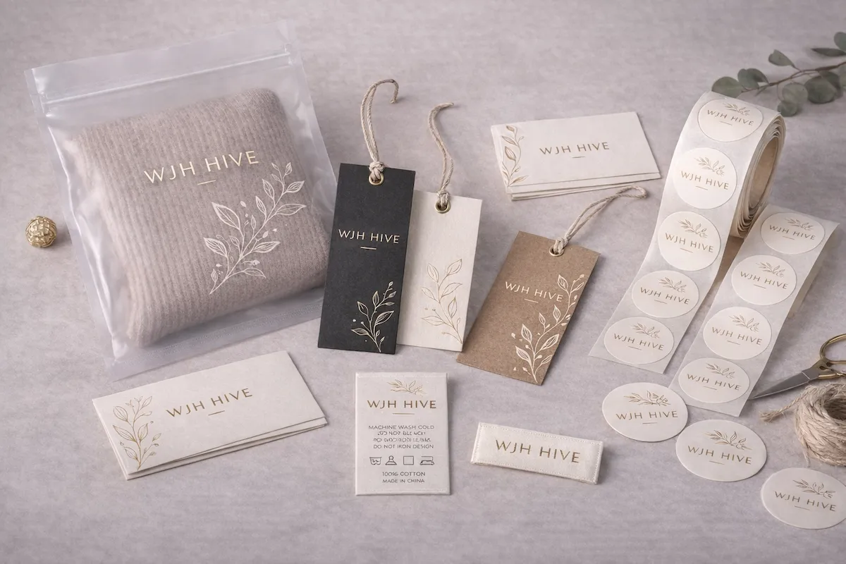 Custom labels, hang tags and garment packaging details presented as coordinated brand elements.