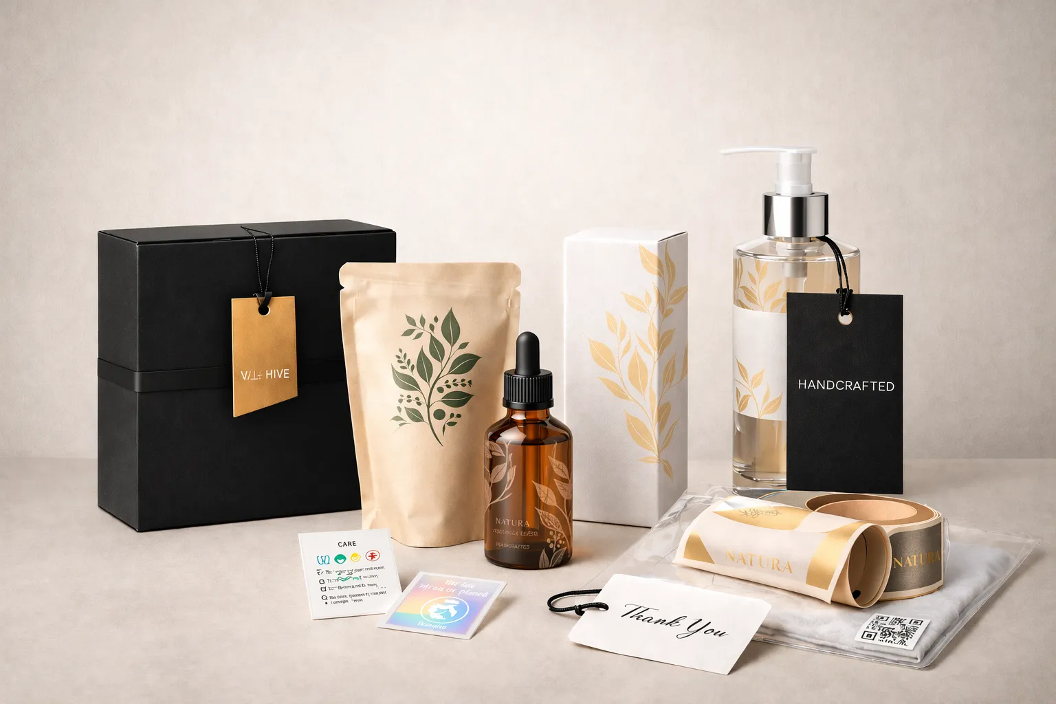 Custom packaging by format featuring rigid boxes, pouches, labels, garment packaging and coordinated retail packaging systems.