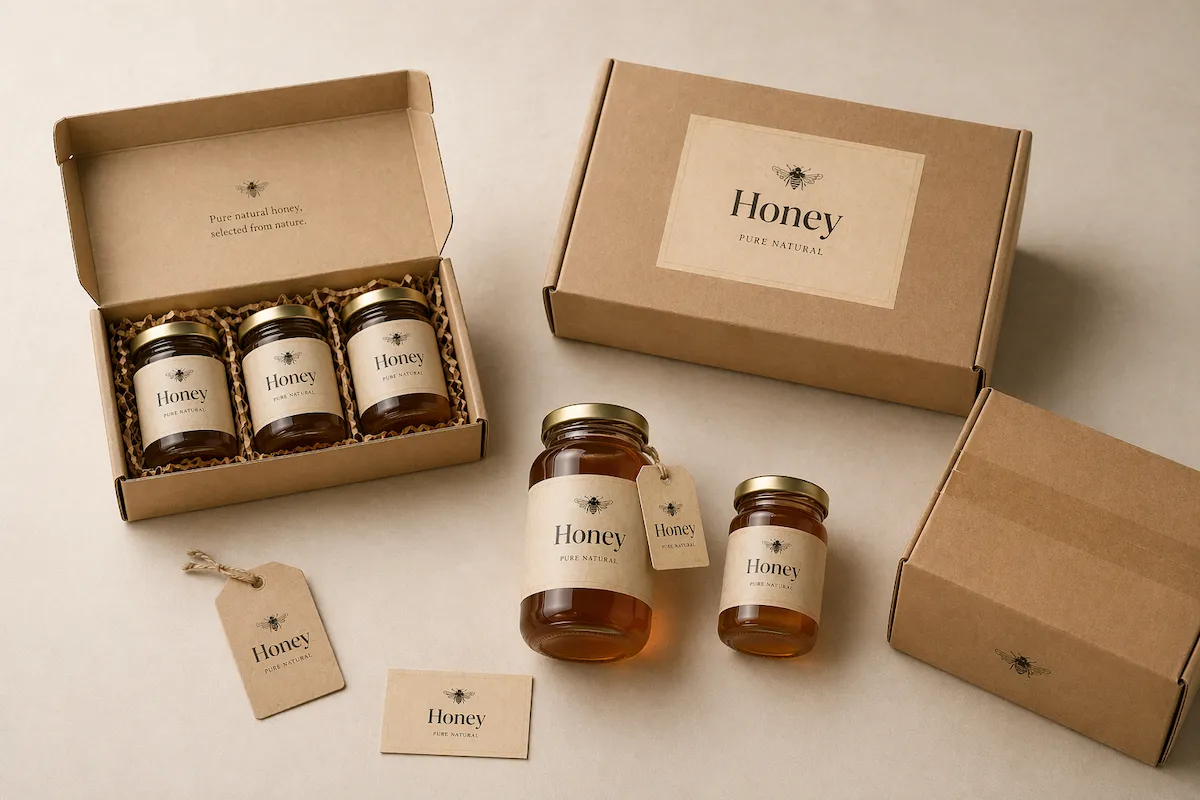 Honey packaging sample presentation with jar sizes, labels, hang tag, gift box and outer carton prepared for development review.