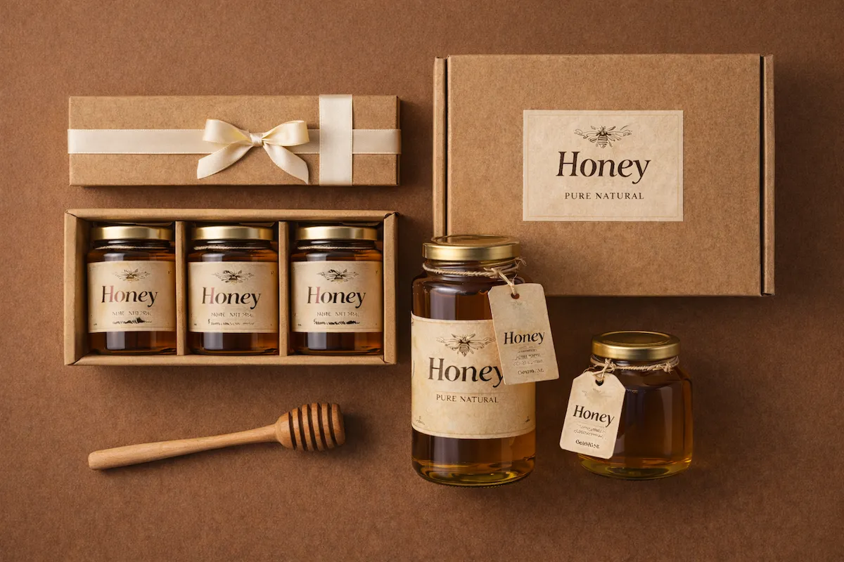 Flat lay overview of wholesale honey packaging with gift boxes, custom glass jars, labels and shipping cartons arranged as one coordinated system.