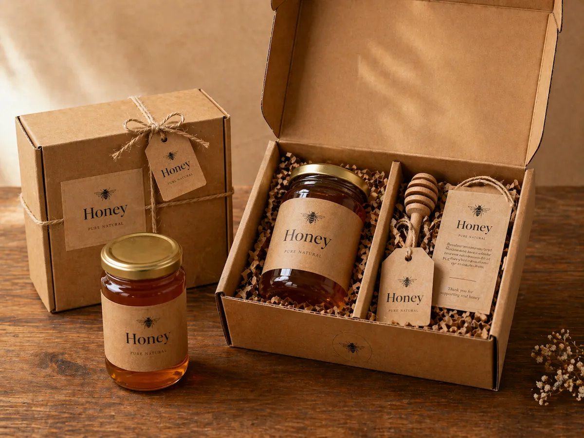 Single honey jar gift packaging with insert structure, tag, card and accessories presented in a premium branded box.