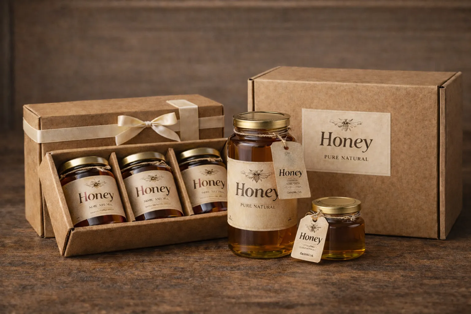 Honey packaging system featuring custom glass jars, labels, gift boxes and shipping cartons in a coordinated retail and gifting presentation.