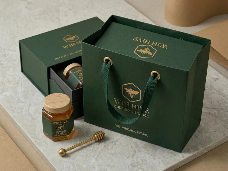 Luxury honey packaging carriers and unboxing experience by WJH HIVE.