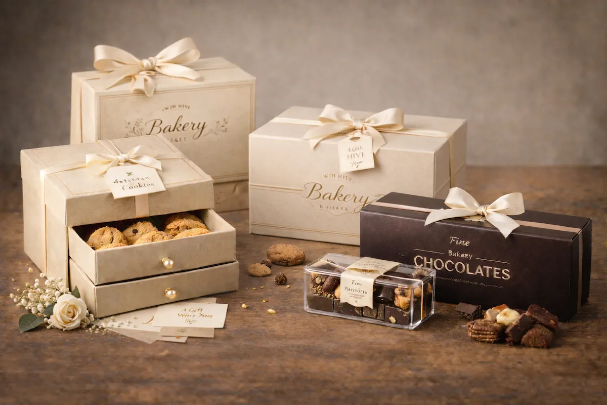 Bakery and confectionery packaging featuring premium boxes and coordinated retail presentation.
