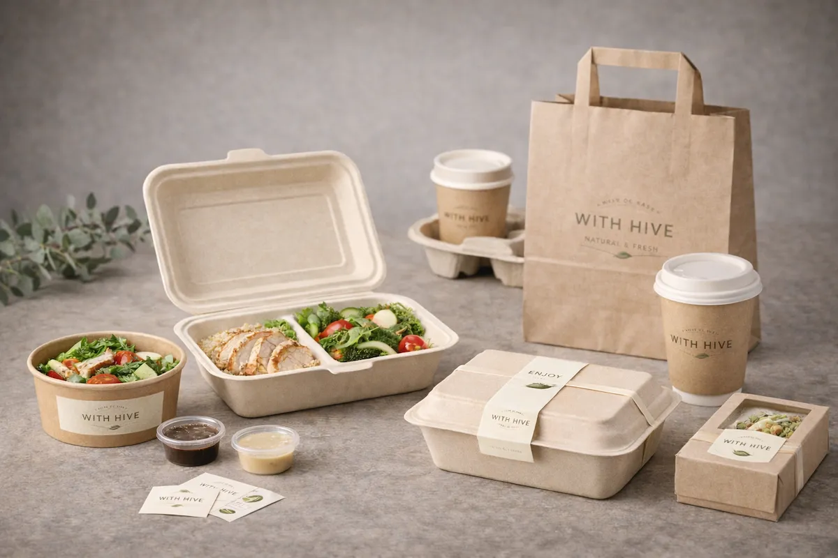 Compostable takeaway meal packaging with bowls, boxes, cups and sustainable food service packaging.