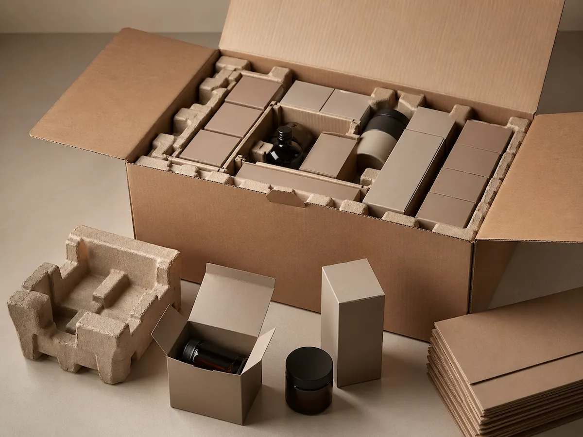 Export-ready packing logic showing retail packaging arranged inside a reinforced shipping carton with molded pulp support and organized product layout.