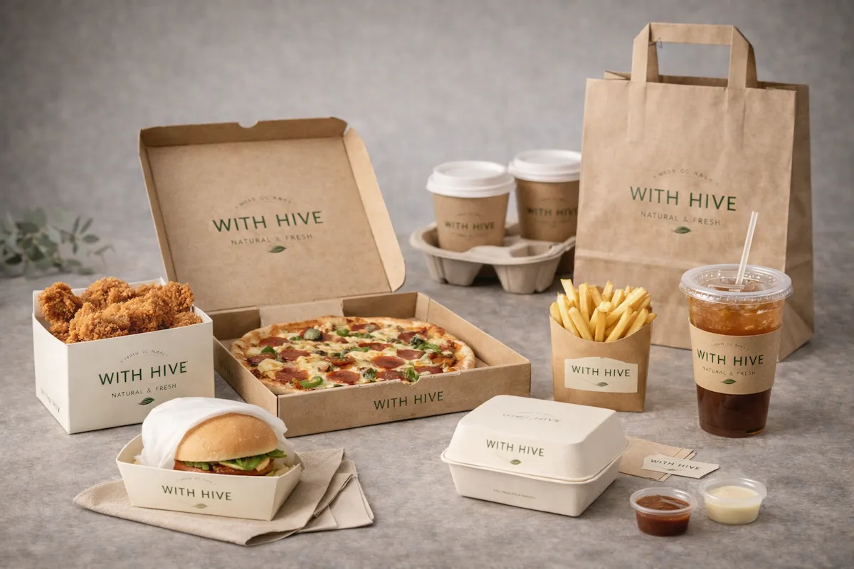 Takeaway and quick-service packaging featuring meal boxes, drink formats and branded carry systems.