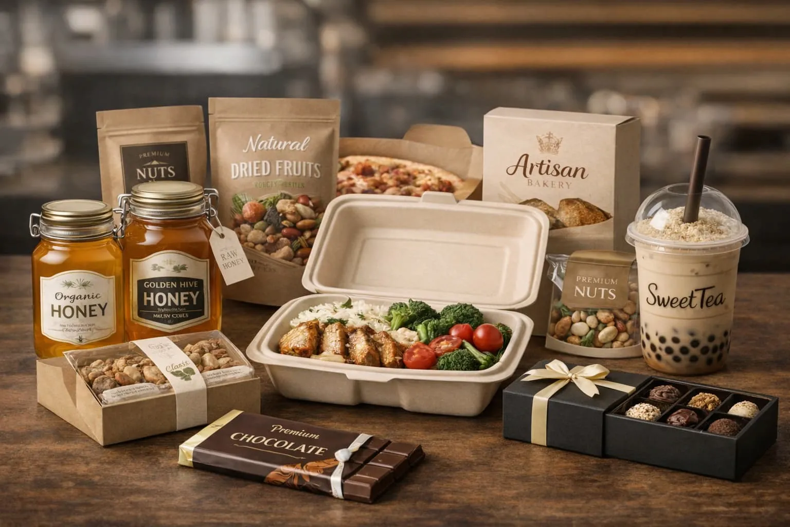 Application-focused packaging overview featuring jars, pouches, bakery boxes, takeaway packaging and coordinated retail presentation.
