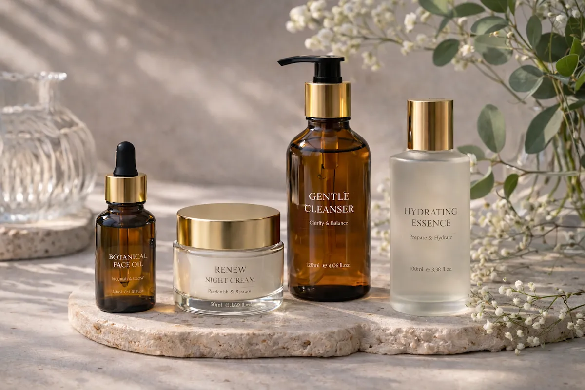 Glass packaging solutions featuring premium bottles and jars with a refined retail presentation.