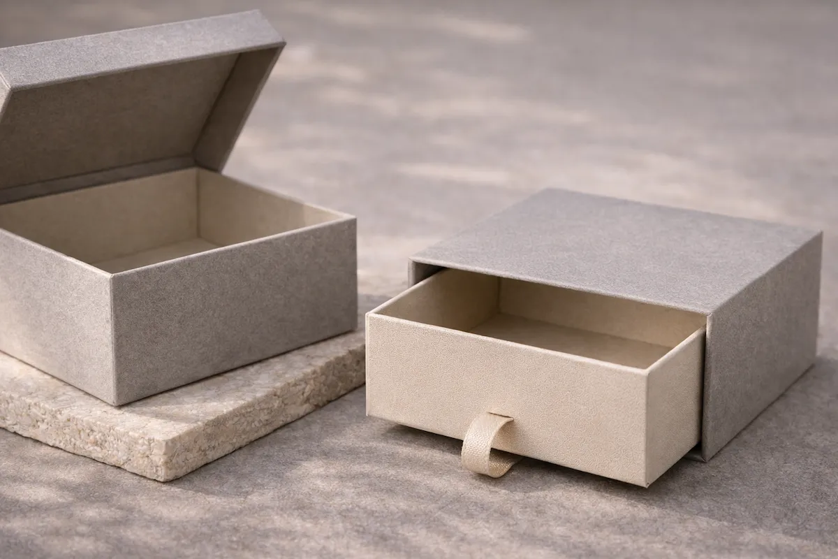 Paper packaging solutions featuring rigid boxes and drawer box structures for premium presentation.