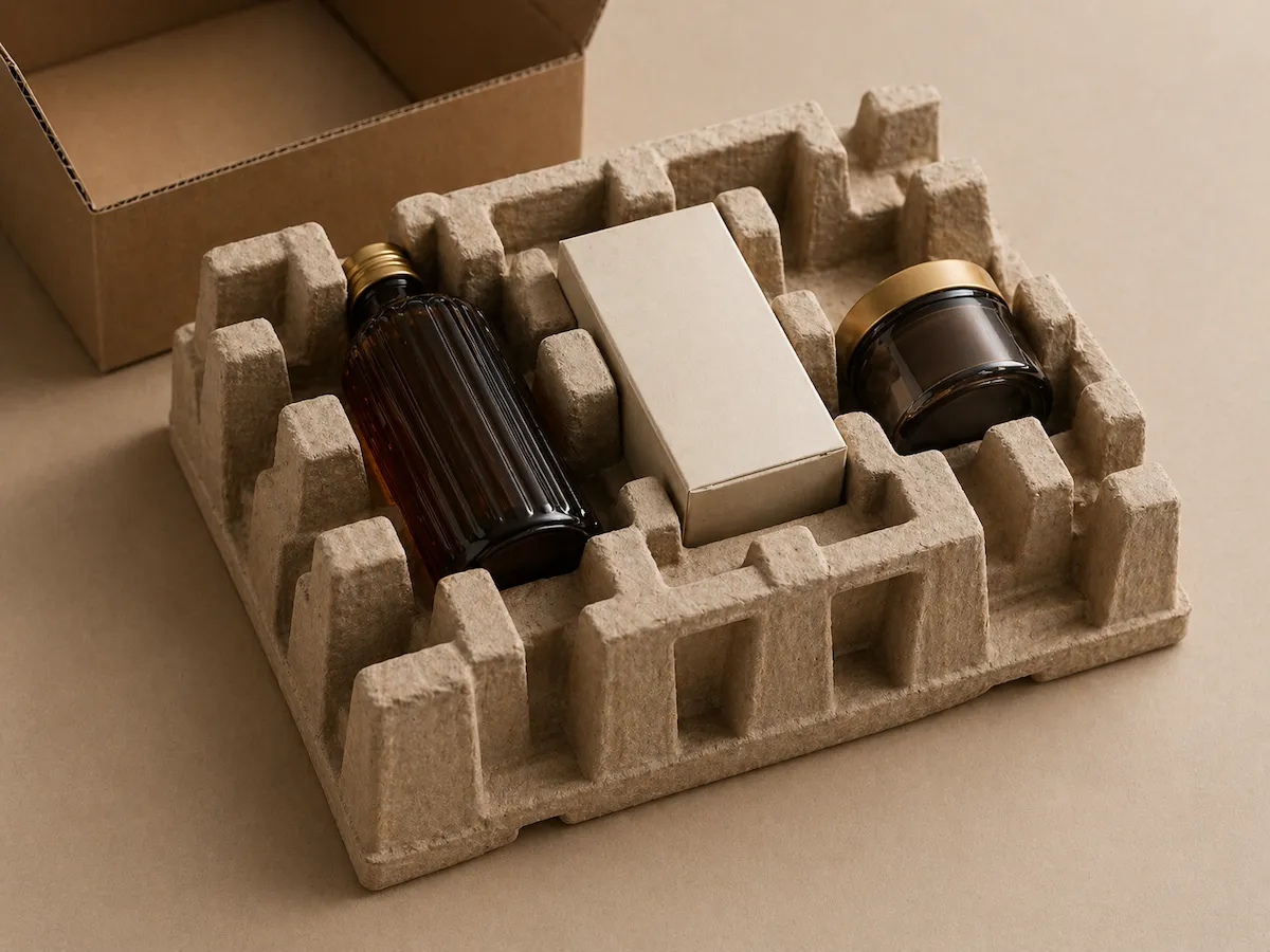 Protective molded pulp insert with fit-control structure securing a bottle, carton and jar for safer handling and transport.