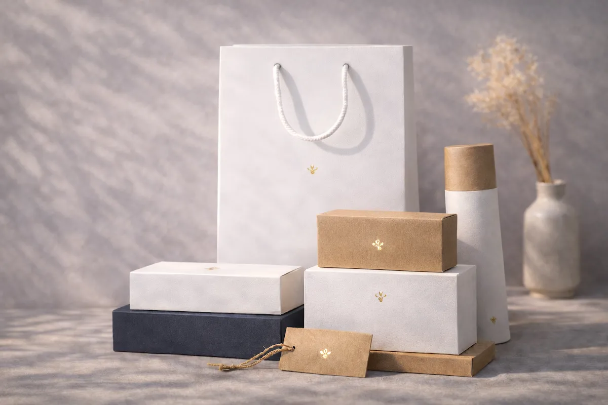 Coordinated packaging system featuring a shopping bag, boxes, tube packaging and branded tags.