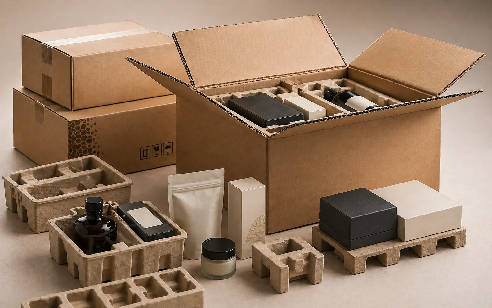 Transit and shipping packaging overview featuring reinforced master cartons, molded pulp inserts and coordinated retail packaging prepared for export-ready delivery.