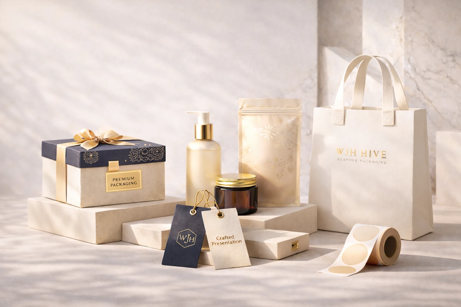 Premium custom packaging solutions featuring gift boxes, labels, hang tags, pouches, glass containers and retail packaging.