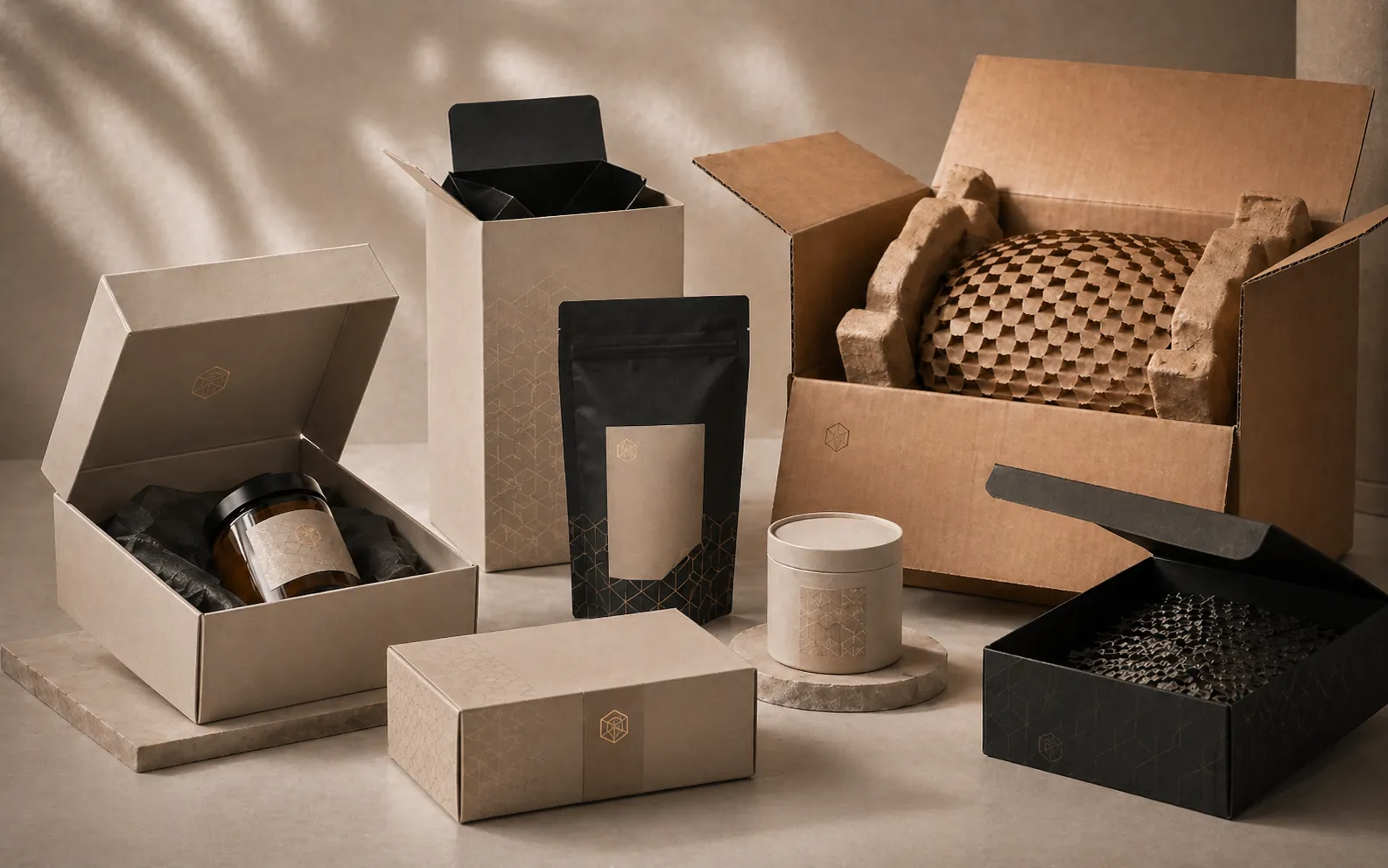 Packaging solutions for retail gifting and global delivery featuring branded gift boxes, flexible pouch packaging, protective shipping carton and coordinated premium packaging presentation.