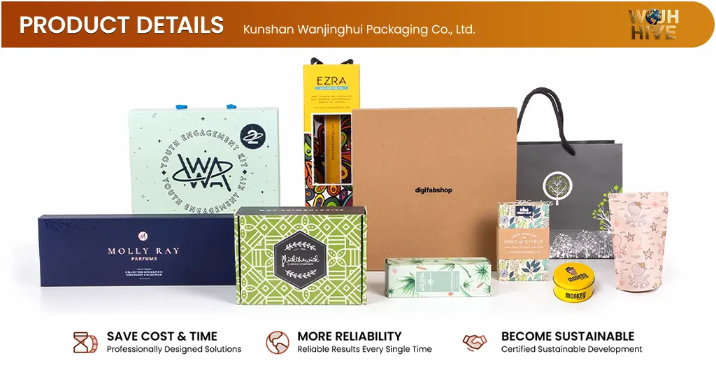 HD display of premium branded retail packaging boxes and finishes.