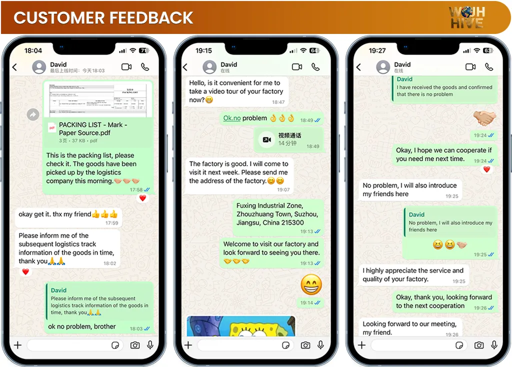 Positive customer testimonials and real-time factory tour interactions.