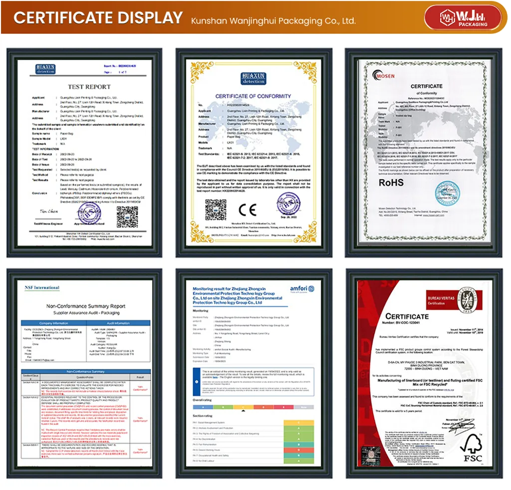 Collection of certificates including FSC, CE, RoHS, and audit reports.