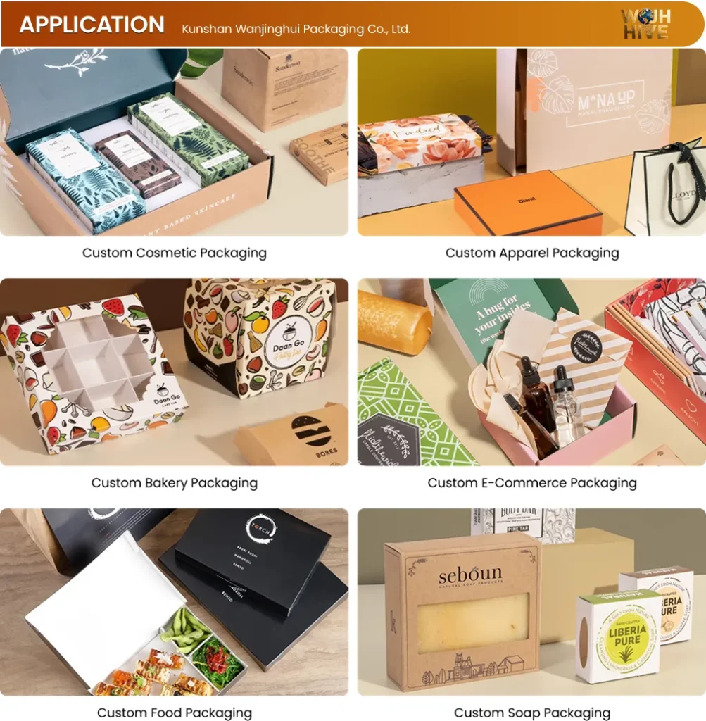 Diverse packaging applications for cosmetics, apparel, bakery, and e-commerce.
