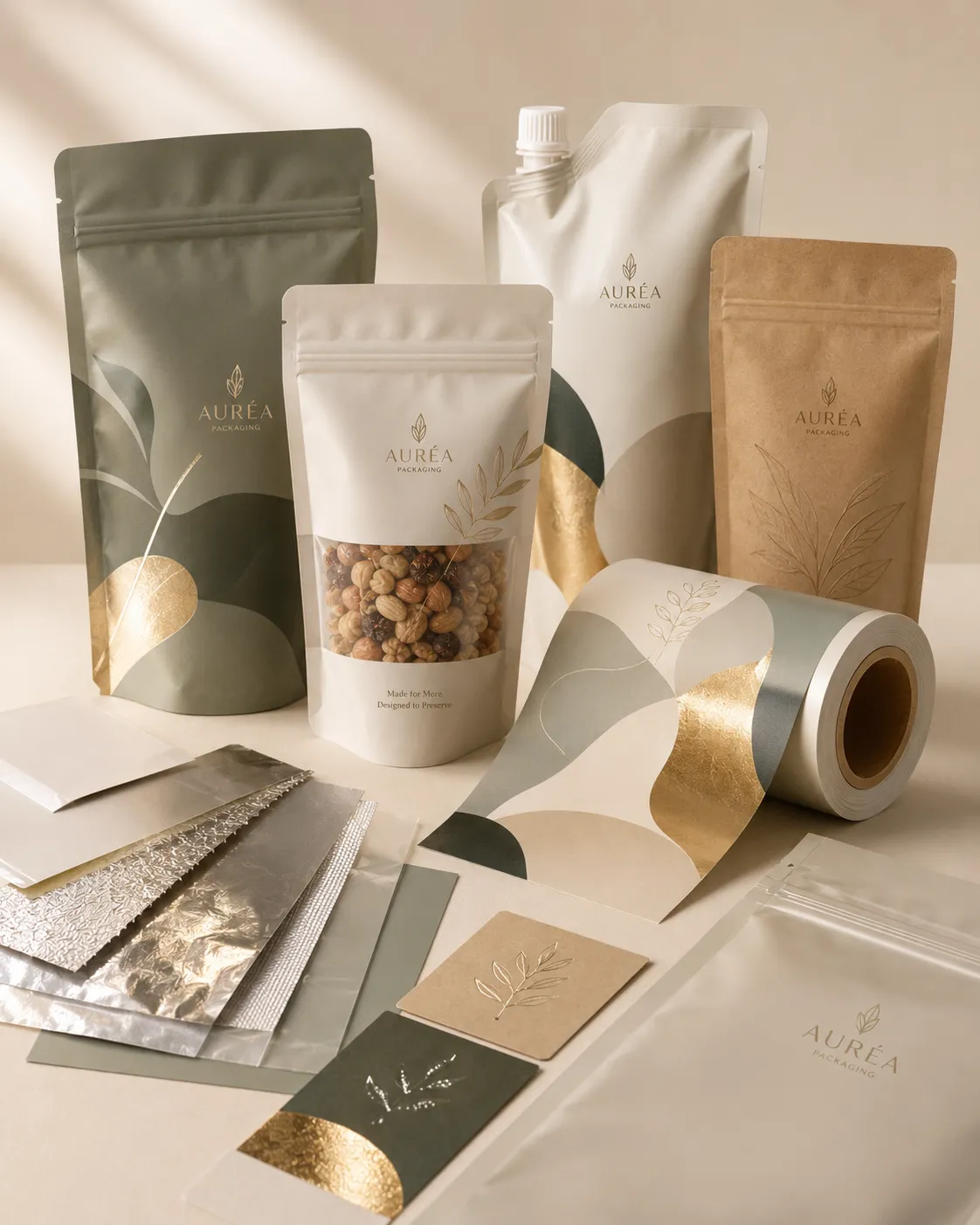 Custom flexible packaging materials with roll film, barrier layers, pouch structures and printing finishes