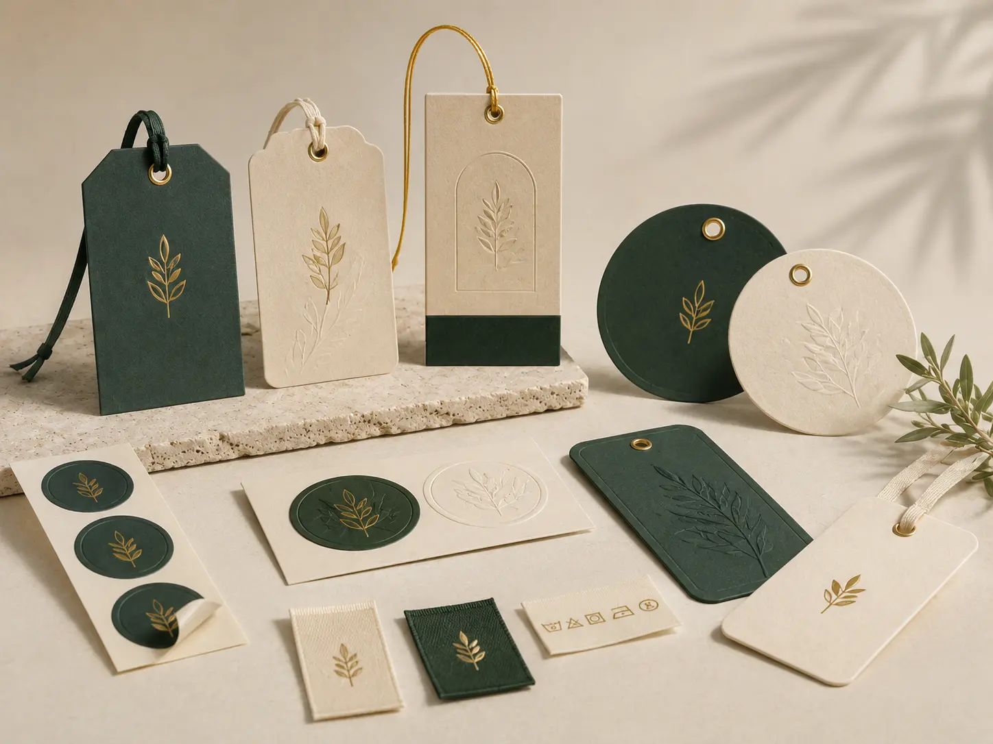 Custom hang tags and labels with foil stamping, embossing, metal eyelets and die cut shapes