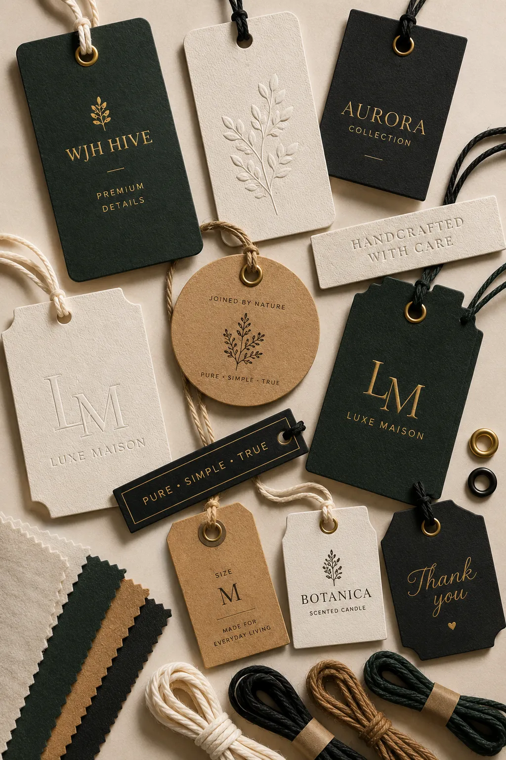 Premium custom hang tags with textured paper, foil stamping, embossing, eyelets and cord options