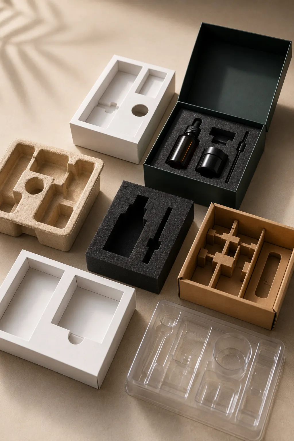 Custom packaging inserts with foam inserts, paperboard trays, molded pulp inserts and PET trays