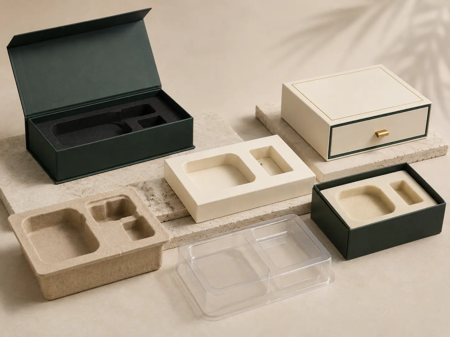 Custom packaging inserts with EVA foam, paperboard trays, molded pulp and clear PET trays