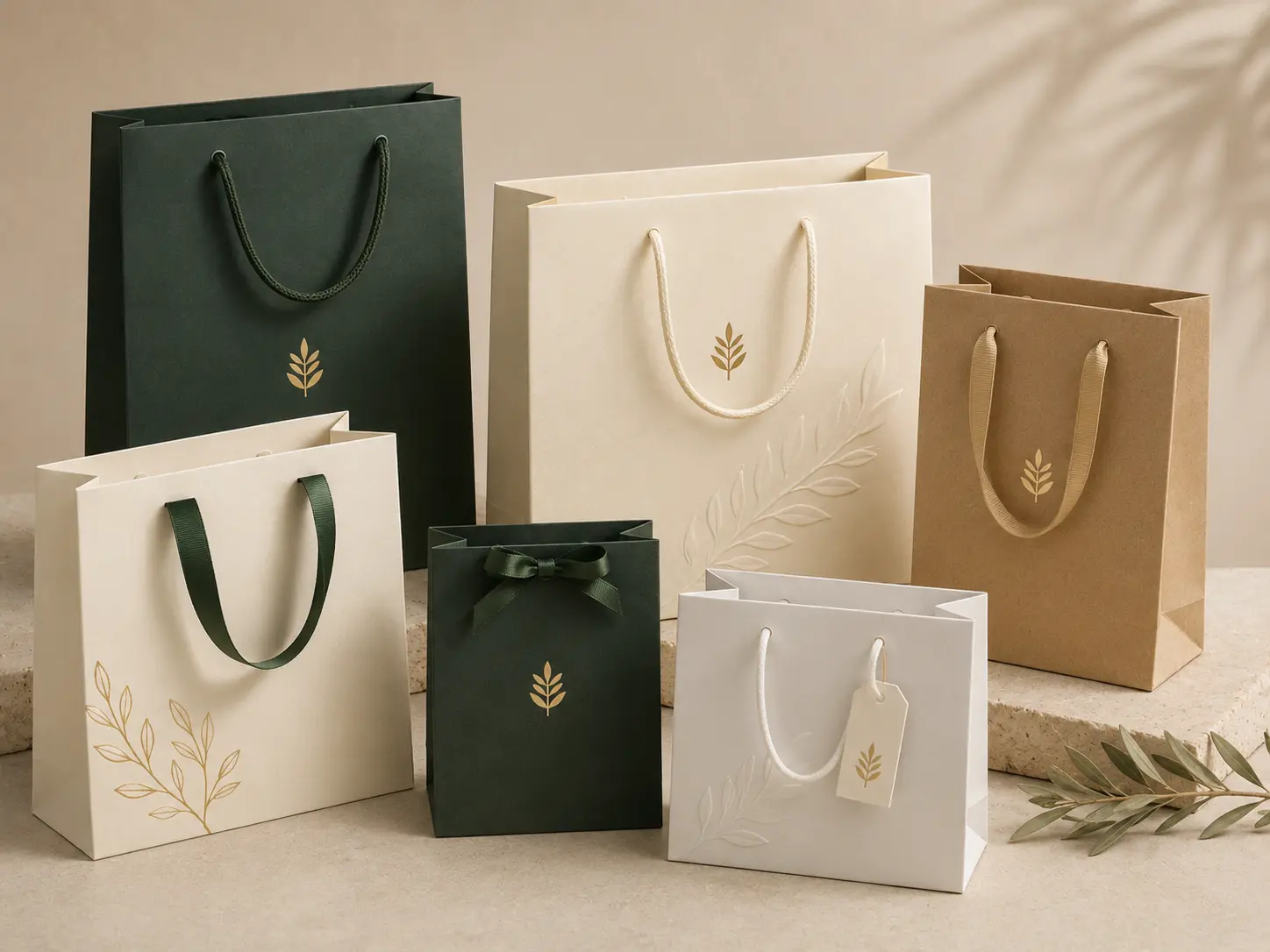 Custom paper bags with foil logo, embossed details, rope handles and ribbon handles