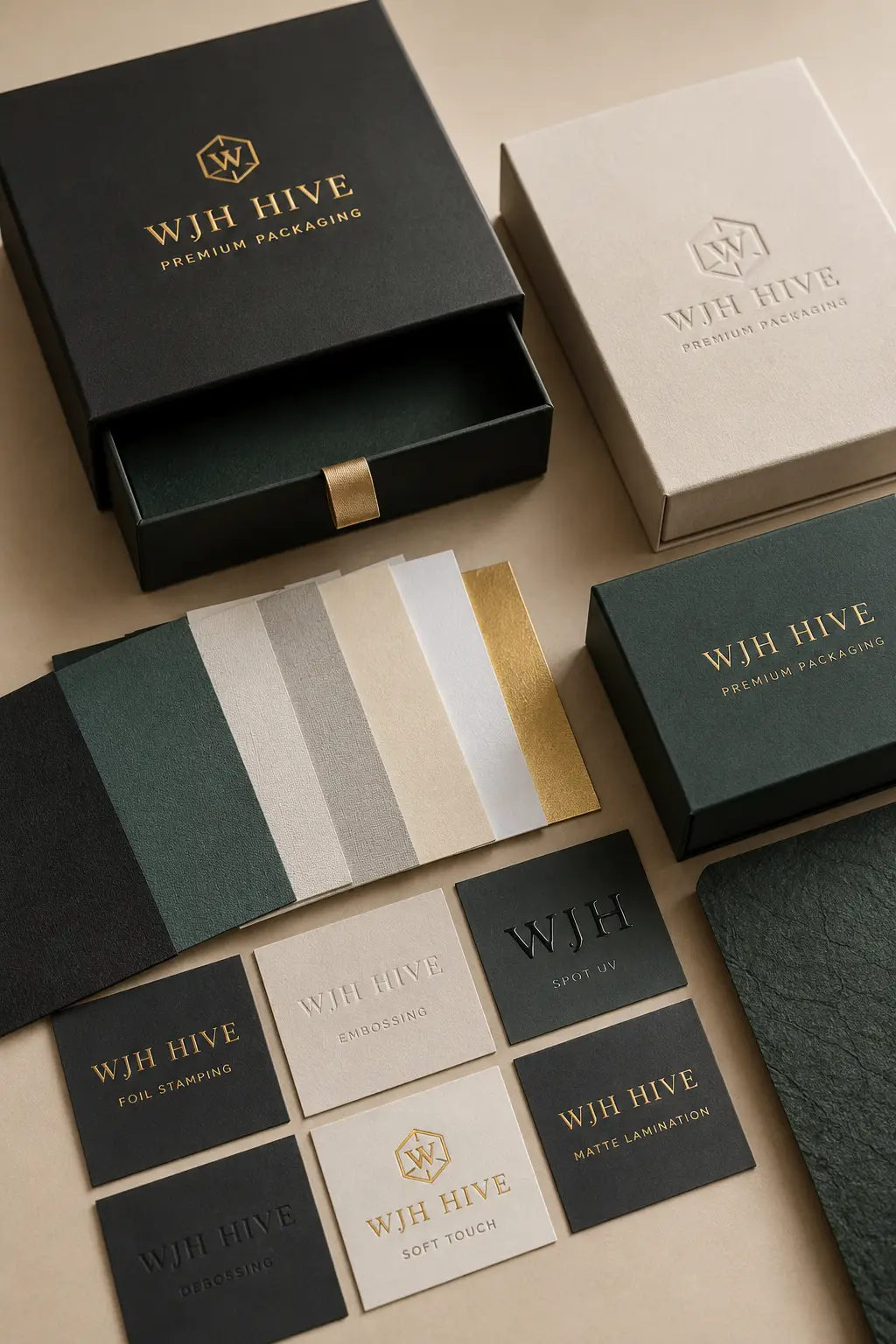 Custom rigid box packaging with specialty paper, foil stamping, embossing and premium finishing options