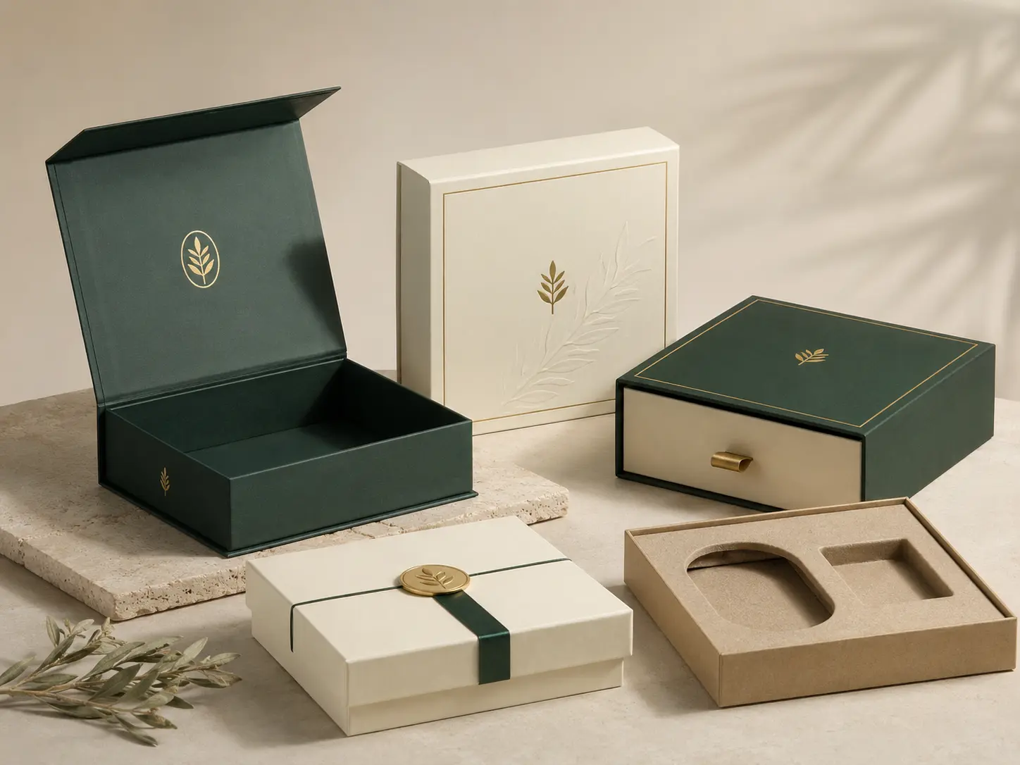 Custom rigid box packaging with foil stamping, embossing, drawer boxes and packaging inserts