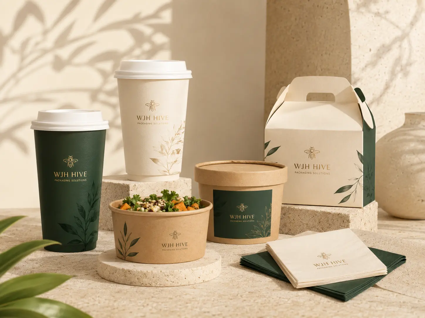 Food service packaging with paper cups, bowls, takeaway boxes and napkins with custom logo printing