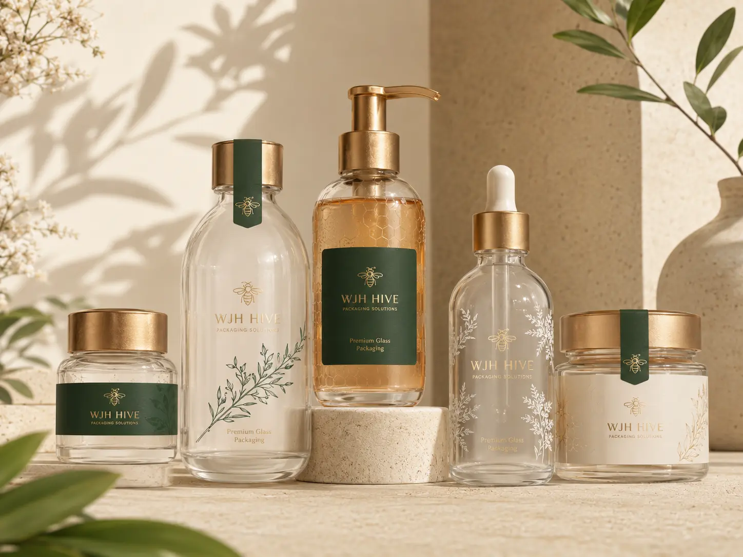 Glass packaging products with glass bottles, jars, cosmetic containers and custom printed labels