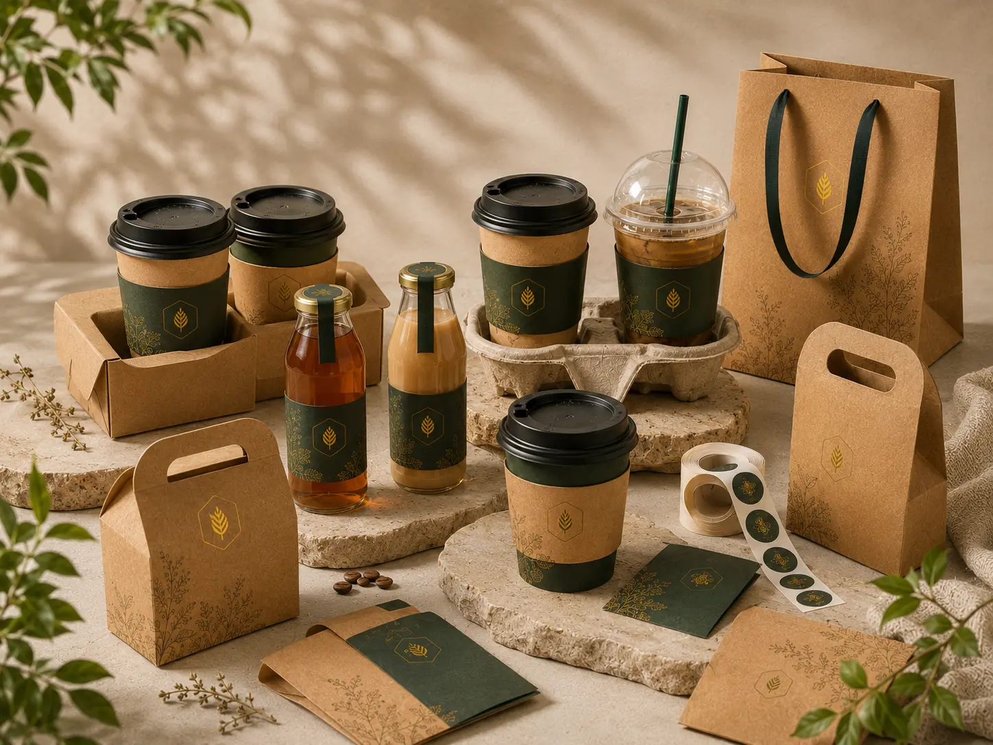 Beverage drink packaging solutions with coffee cups cold drink cups bottled drinks paper bags labels and cup carriers.