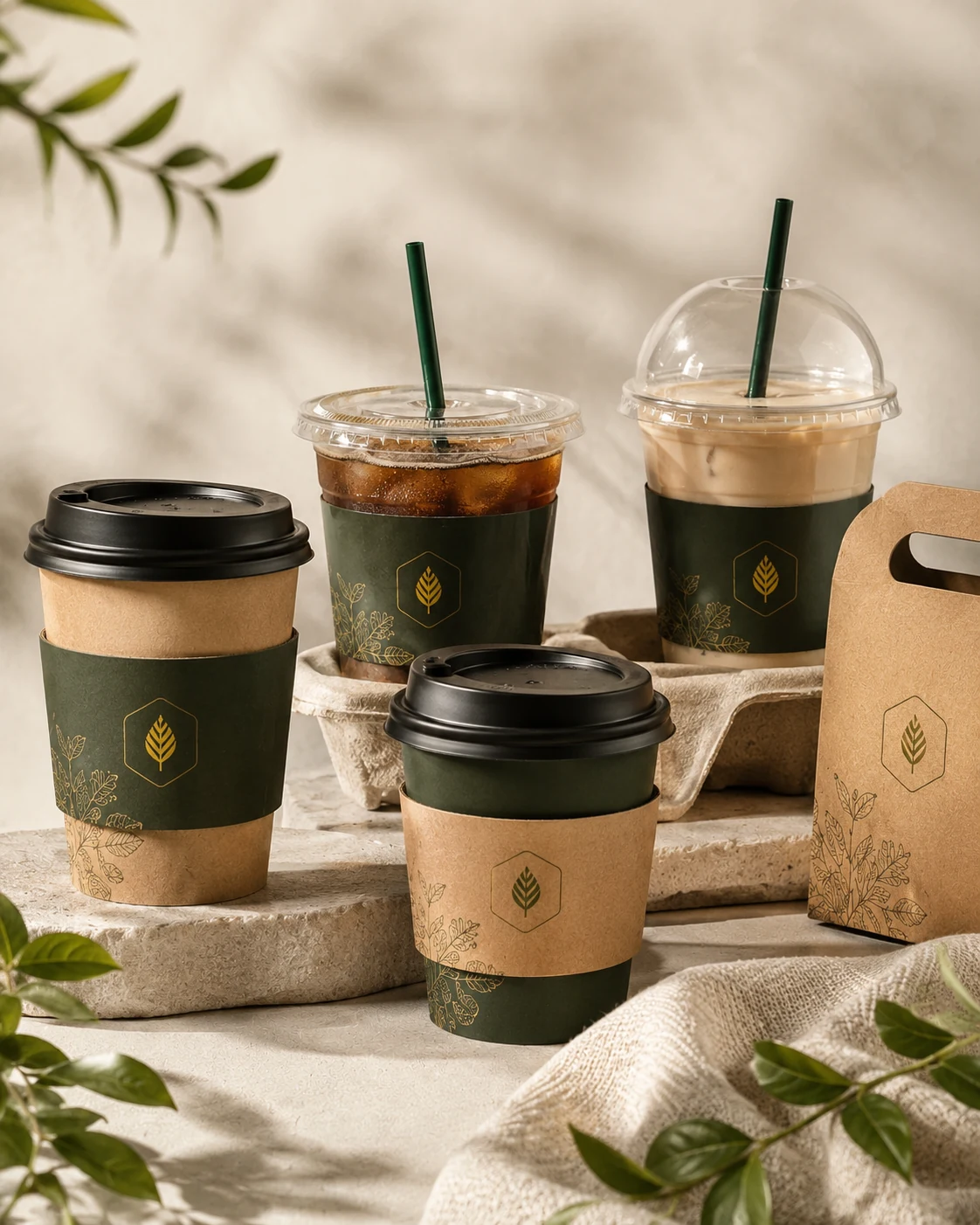 Custom drink cups with kraft paper coffee cups cold beverage cups sleeves and branded food service packaging.