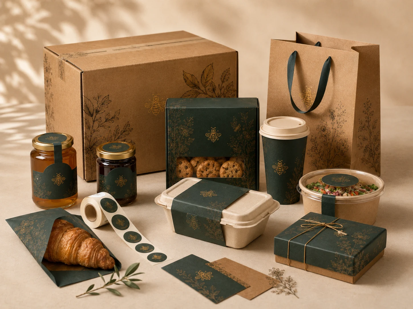 Custom food packaging solutions with honey jars bakery boxes takeaway containers drink cups paper bags labels and shipping cartons.