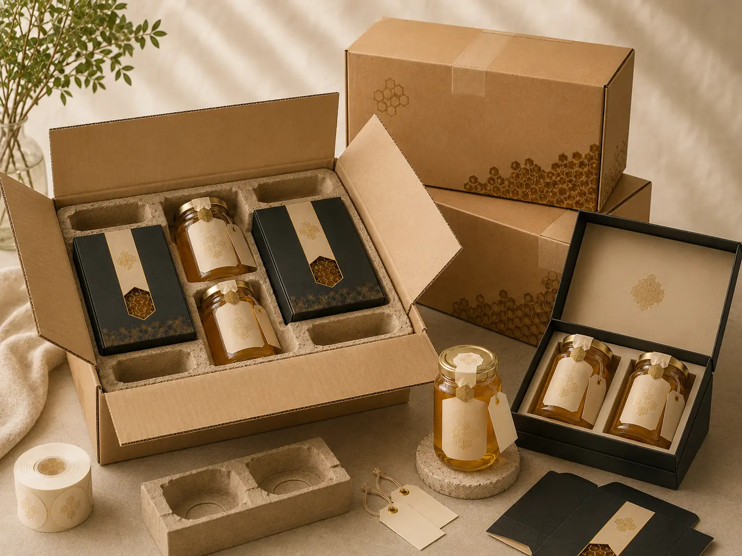 Export-ready shipping cartons and protective inserts for honey packaging with glass jars and gift boxes.