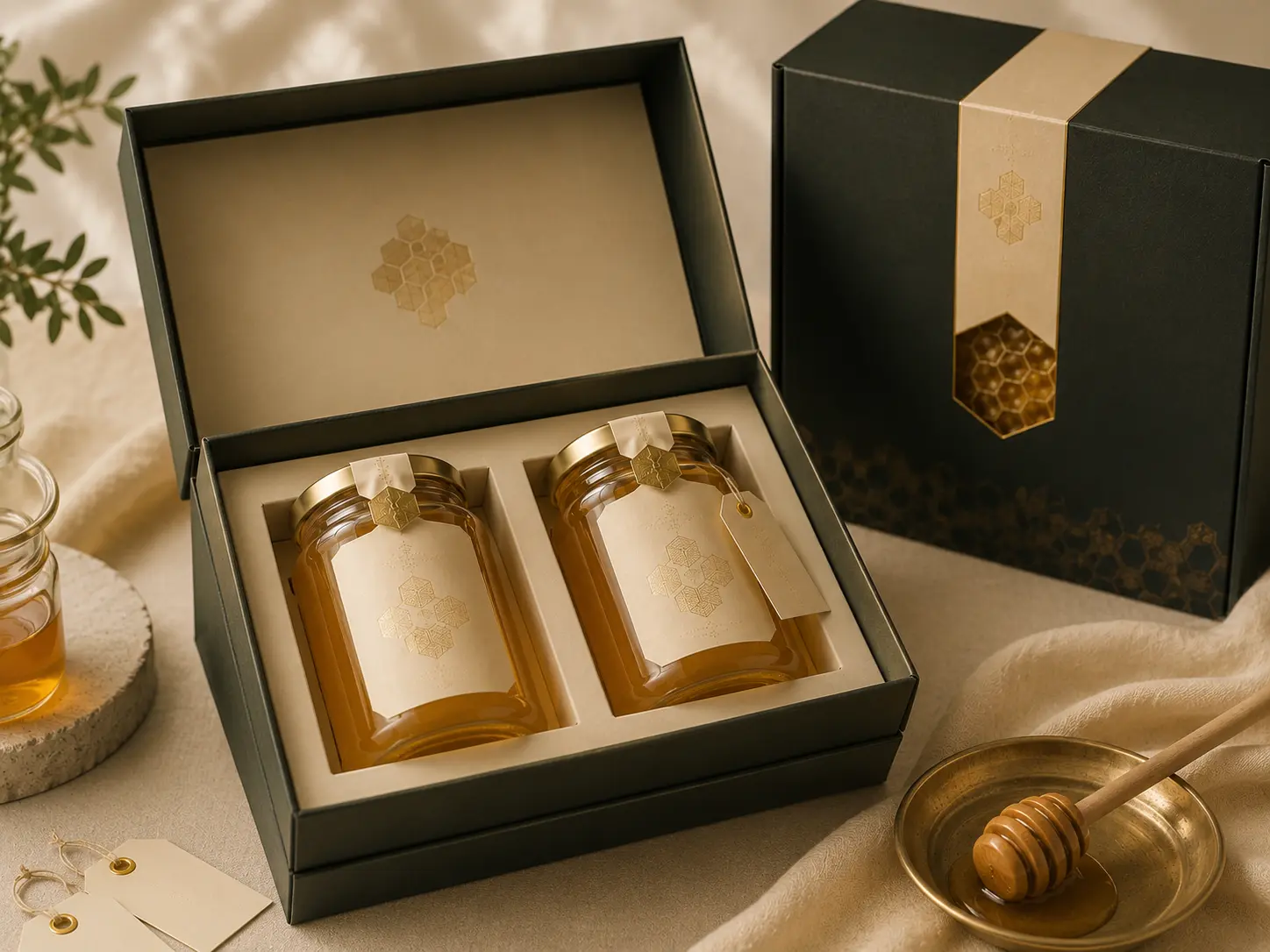 Honey gift box presentation with glass jars, labels, hang tags, inserts and premium retail packaging.