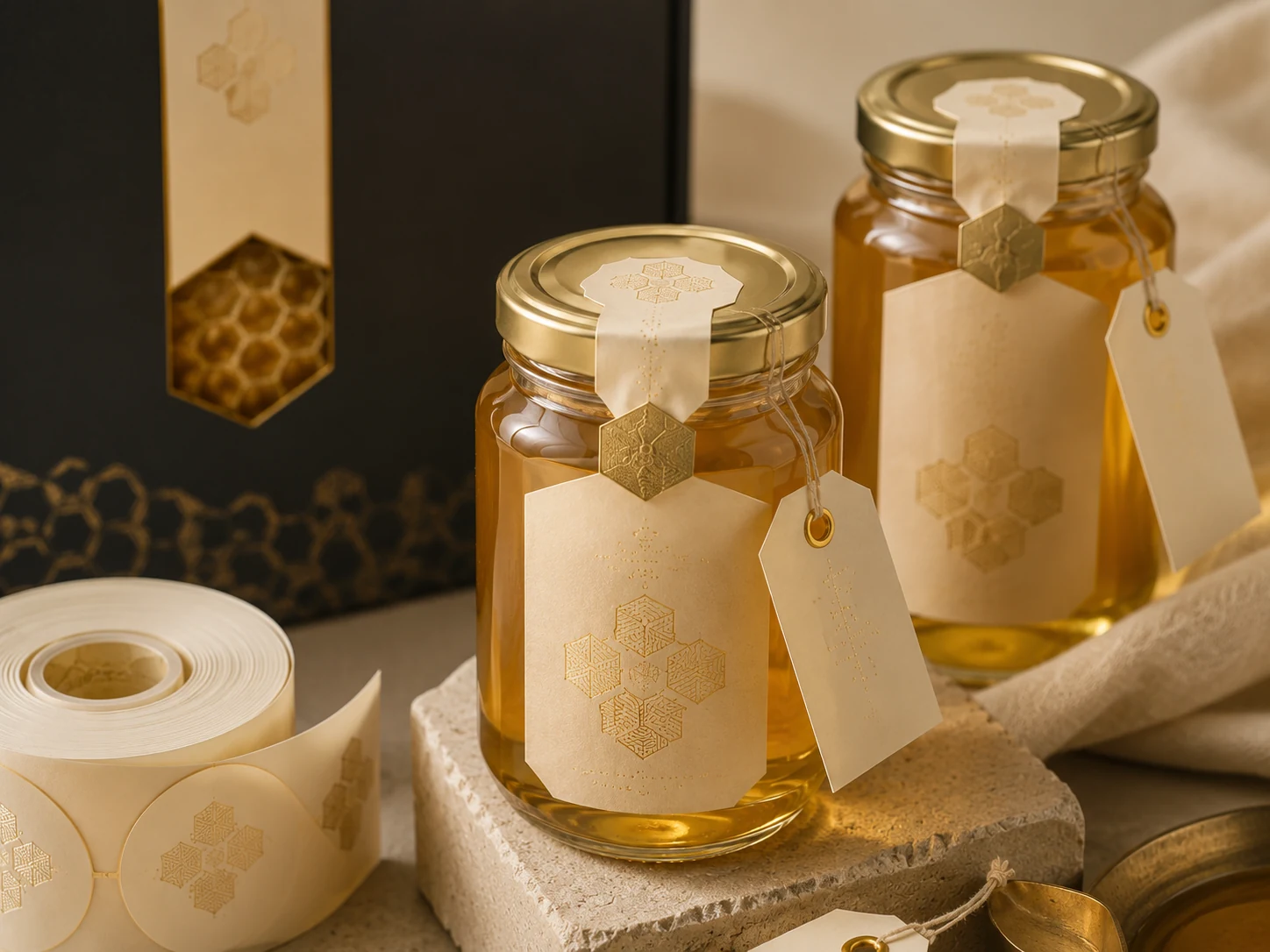 Honey glass jars with custom labels and hang tags for a premium honey packaging case study.