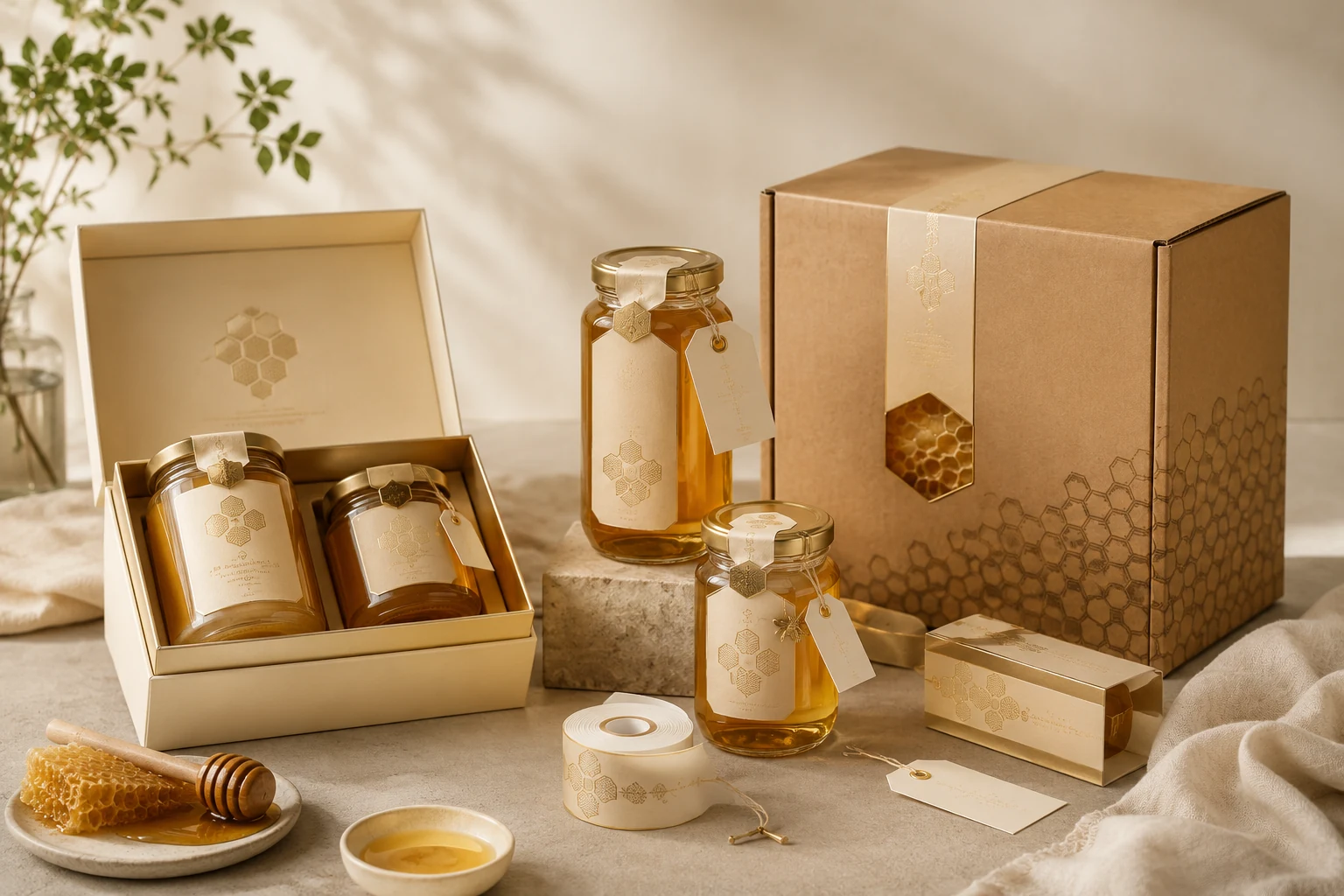 Custom honey packaging case study with glass honey jars, labels, hang tags, gift boxes and export-ready shipping cartons.