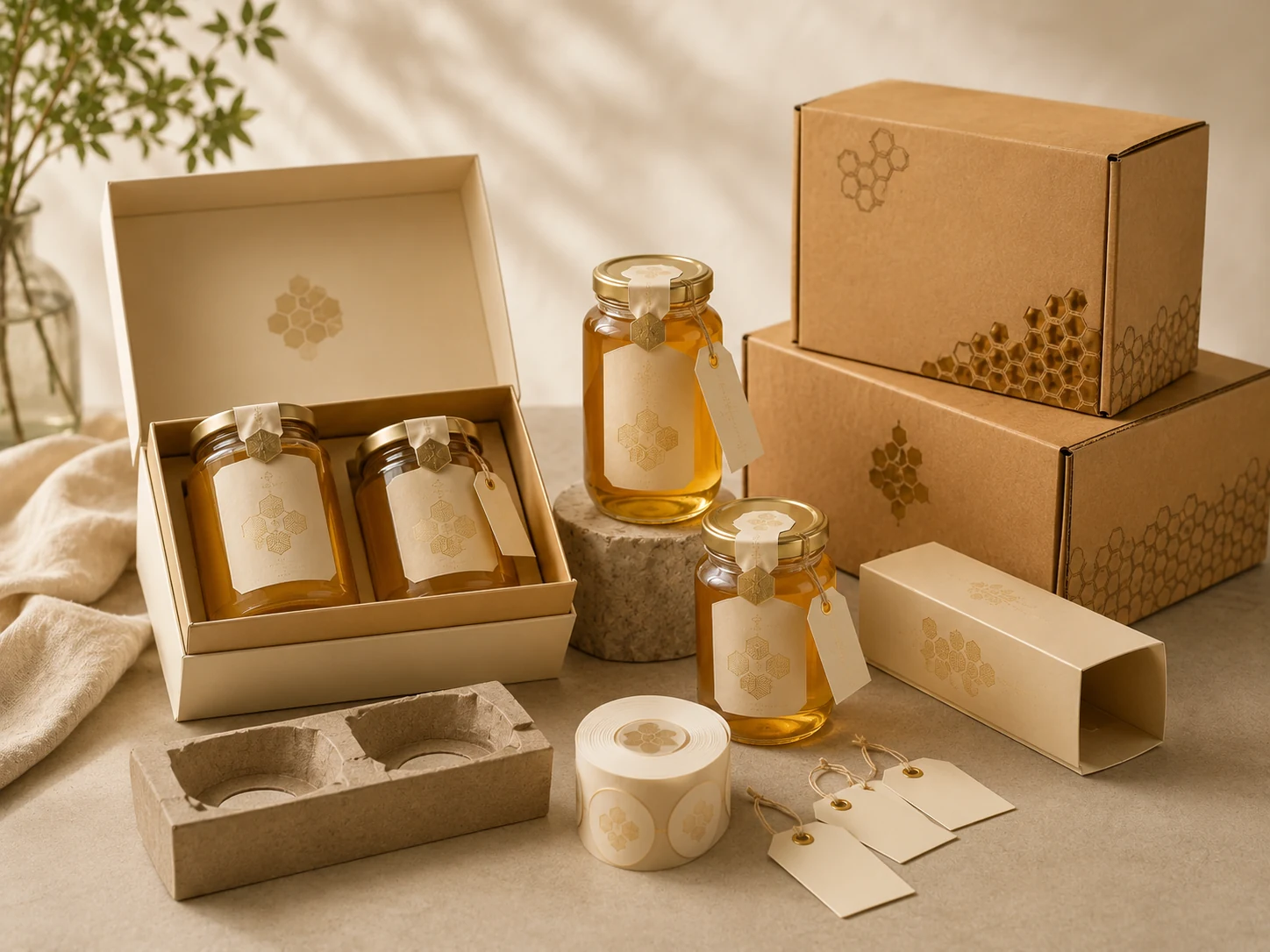 Complete honey packaging system with glass jars, custom labels, hang tags, gift box presentation and export-ready cartons.