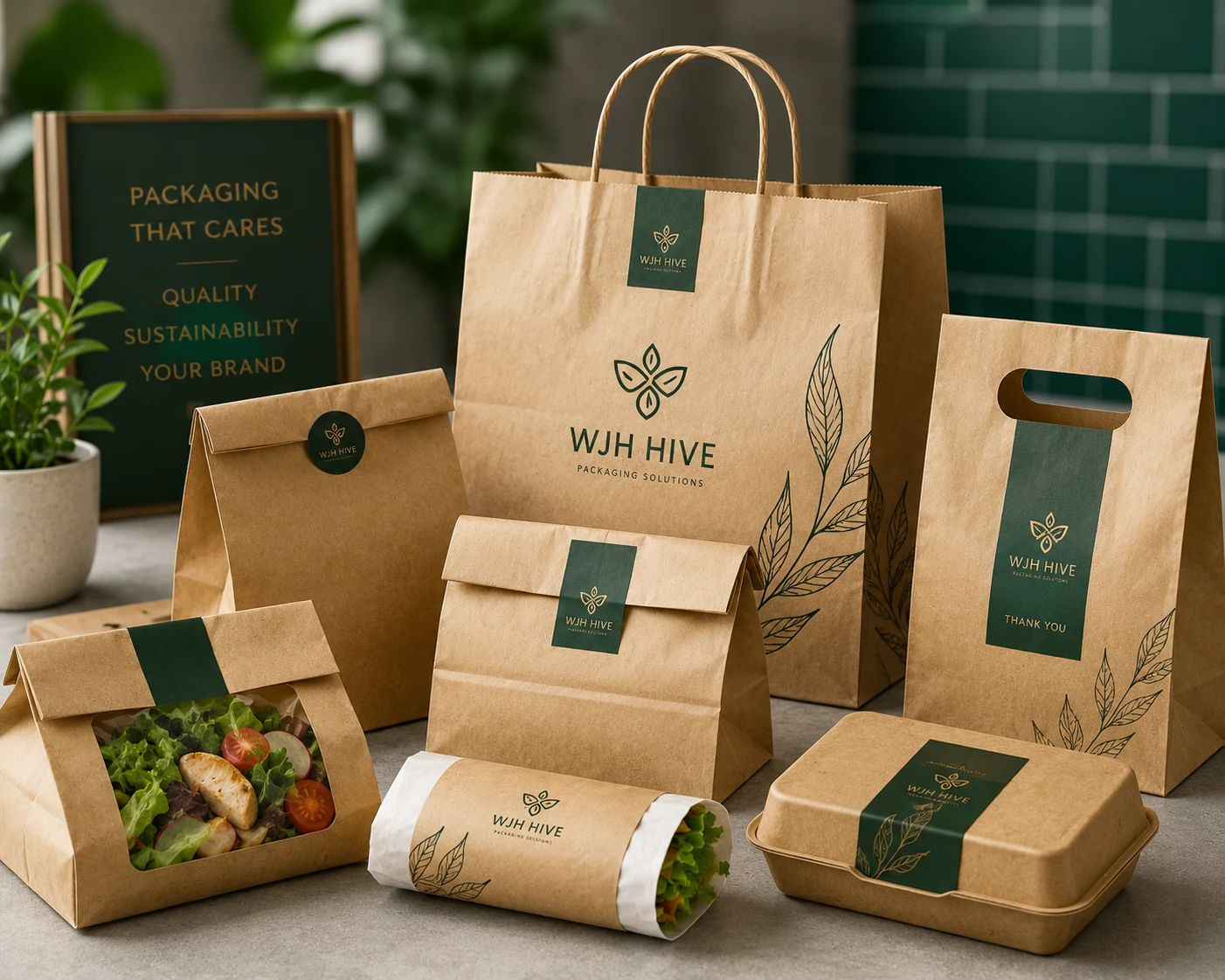 Kraft paper food bags with branded takeaway bags window food bags and eco-friendly food service packaging.