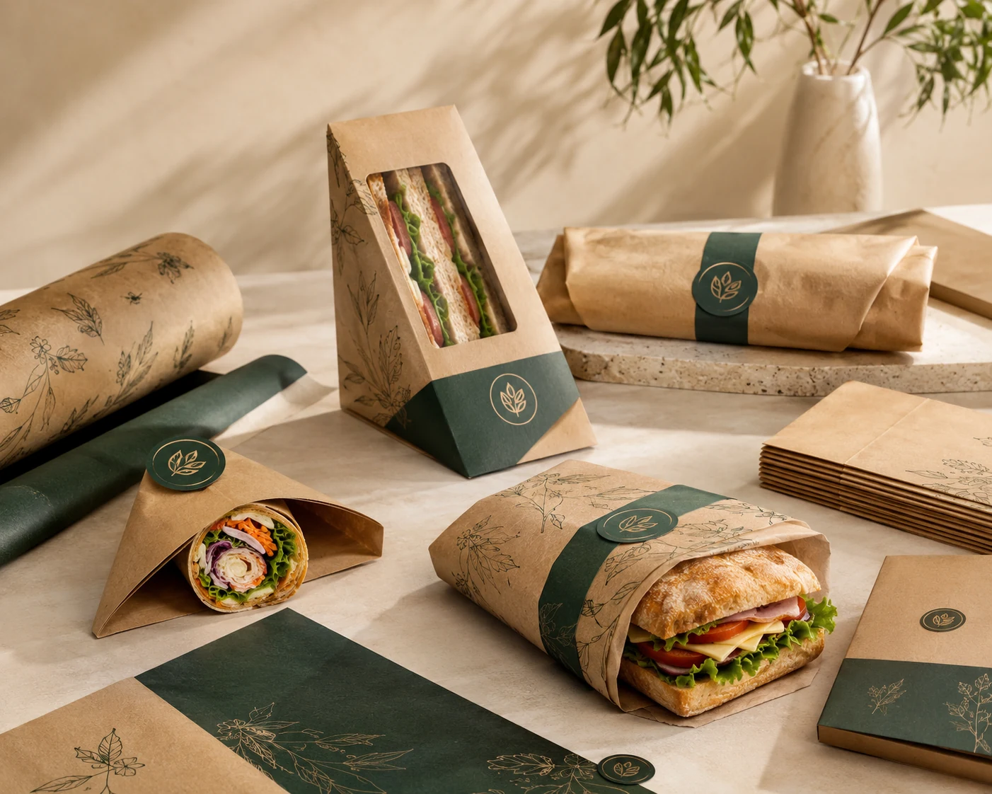 Sandwich and wrap packaging with kraft paper wraps window sandwich boxes and branded food service packaging.