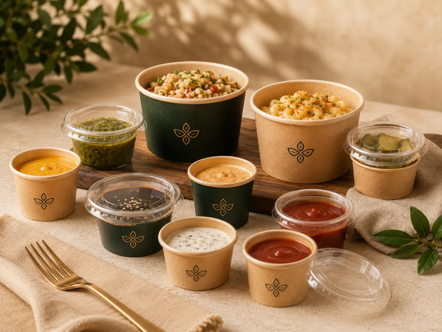 Sauce and side cups with kraft paper containers clear lids dips sauces and branded food service packaging.