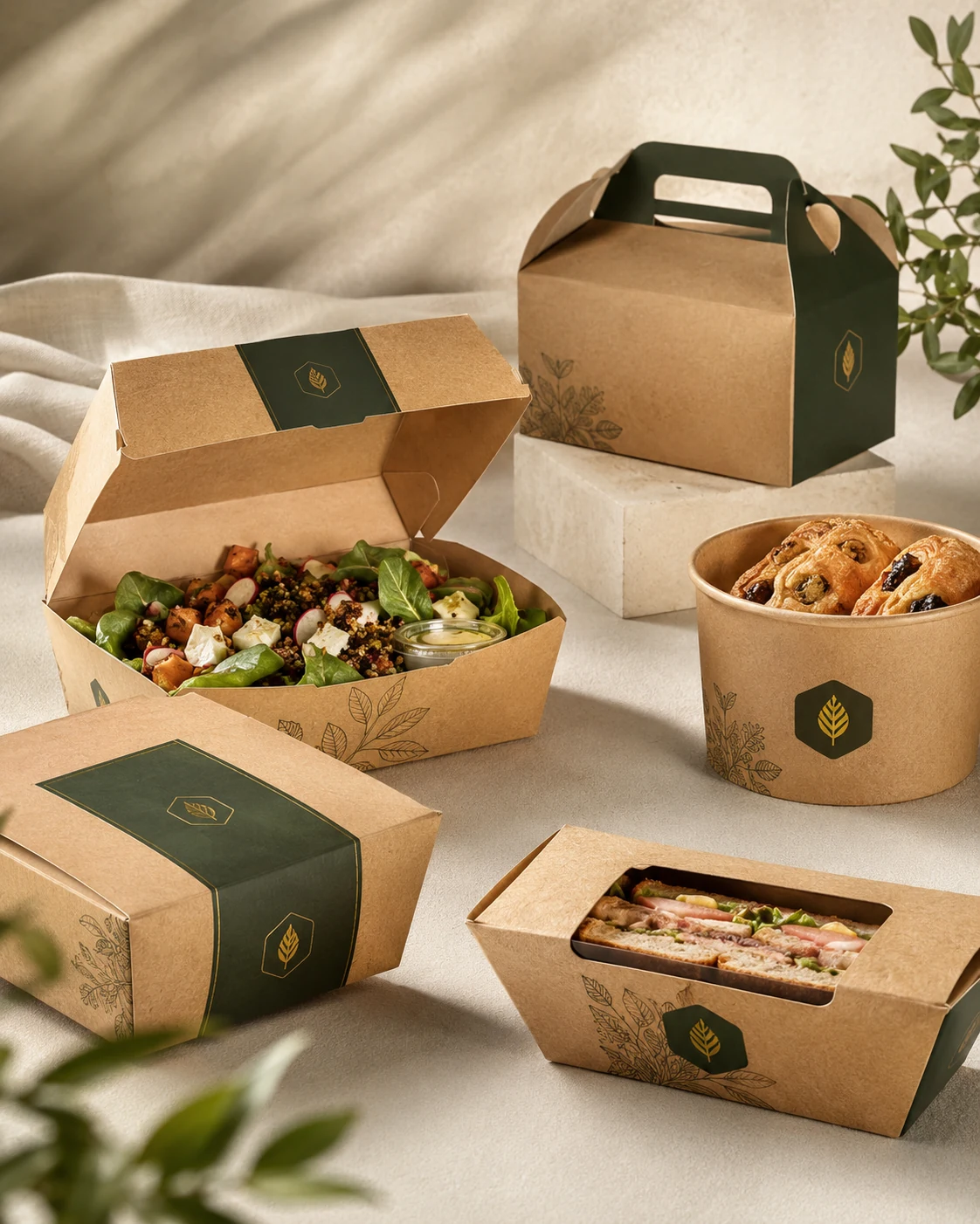 Takeaway food boxes with kraft paper packaging meal containers and branded food service boxes.