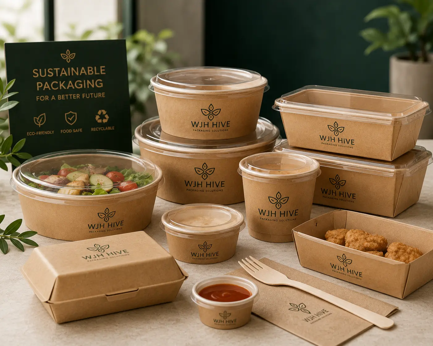 Takeaway food containers with kraft paper bowls meal boxes sauce cups and branded food service packaging.